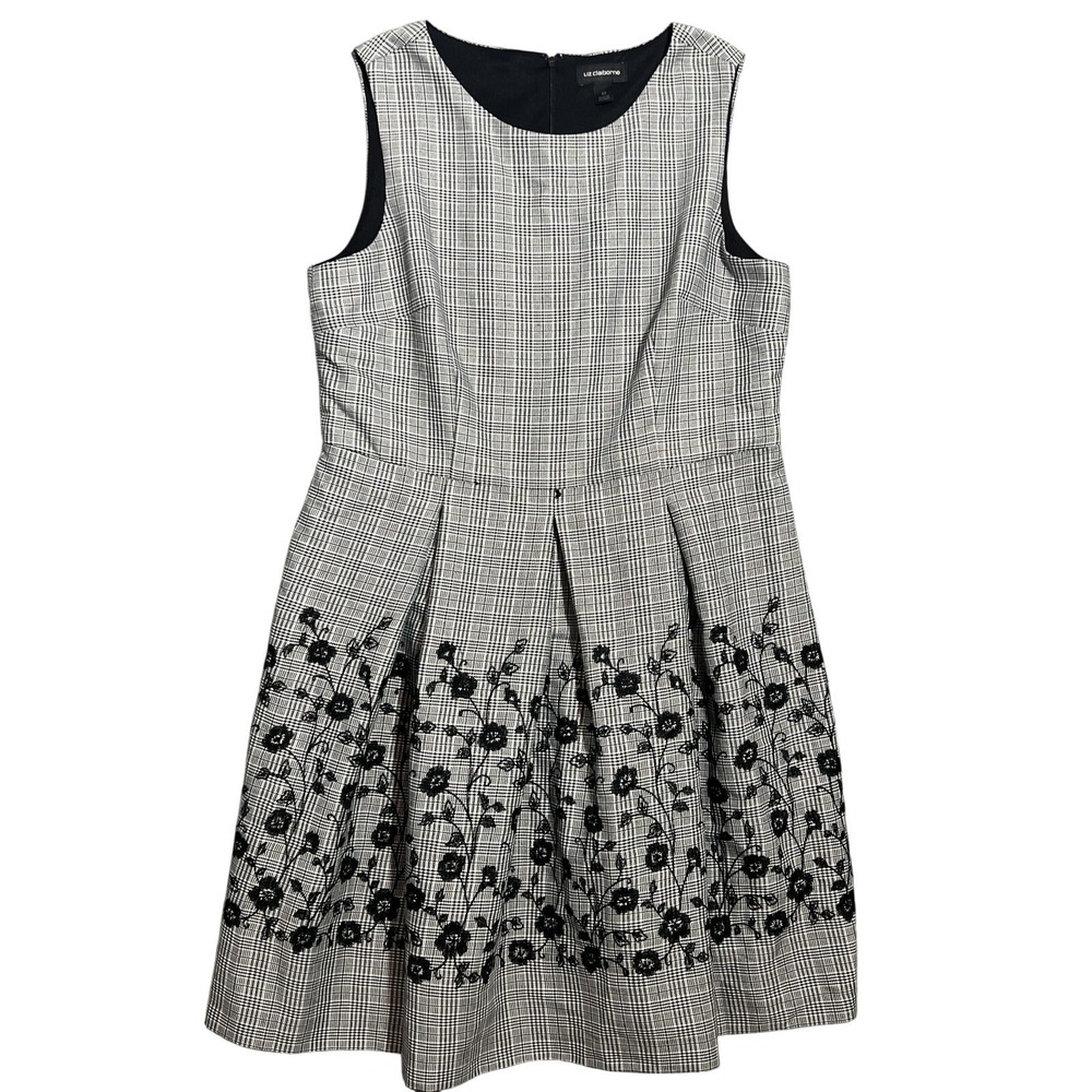 Liz Claiborne Women's Size 18 Plaid Embroidered Floral Sleeveless Dress Knee